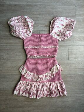 SAYLOR Pink and Cream Puff Sleeve Two-Piece Skirt Set with Smocked Top